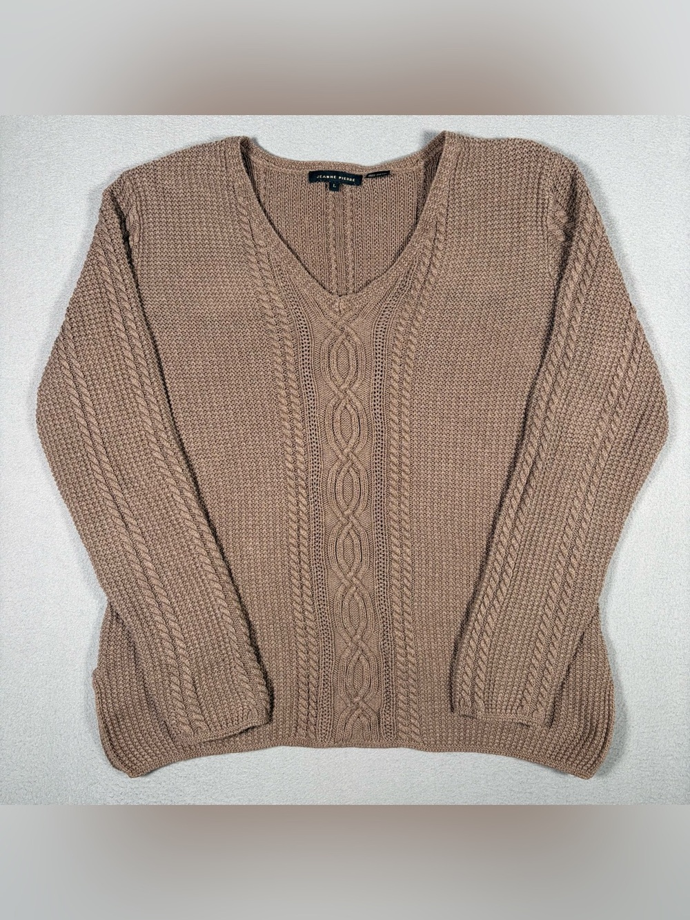 Jeanne Pierre Cable Knit Sweater Women’s Large Brown Pullover V-Neck 100% Cotton